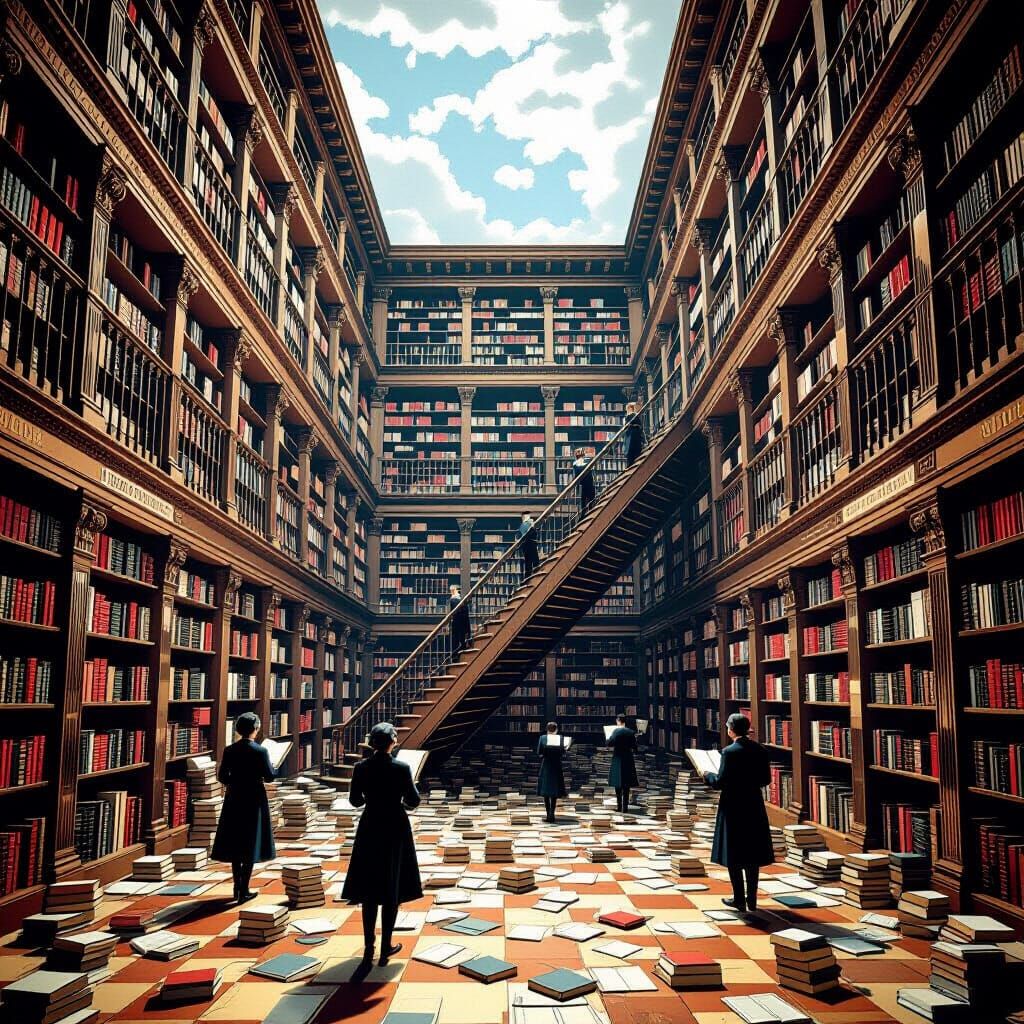 Surreal Tilted Library Inspired by Escher and Dali
