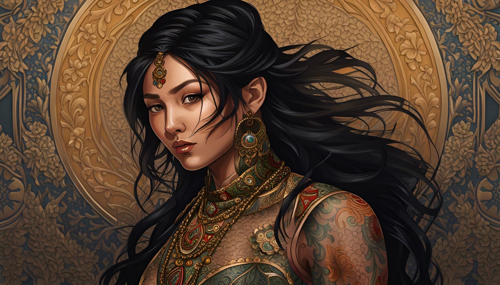 Tattooed Woman Portrait in Dark Horror Concept Art