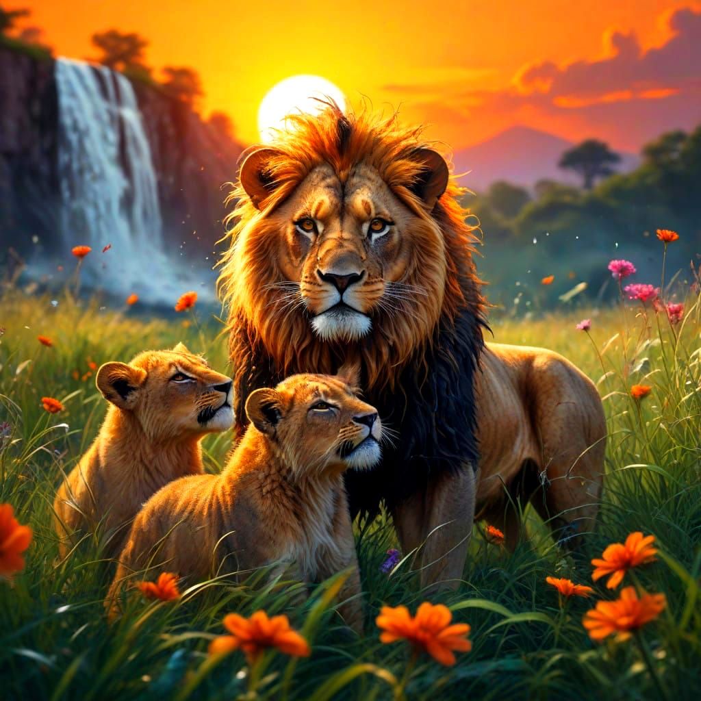 Vibrant Sunset Family Tussle in Wild Grasslands