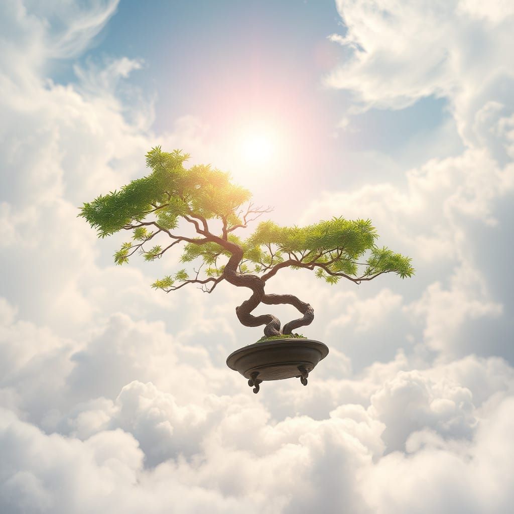 Ethereal Bonsai Tree in Heavenly Cloudscape