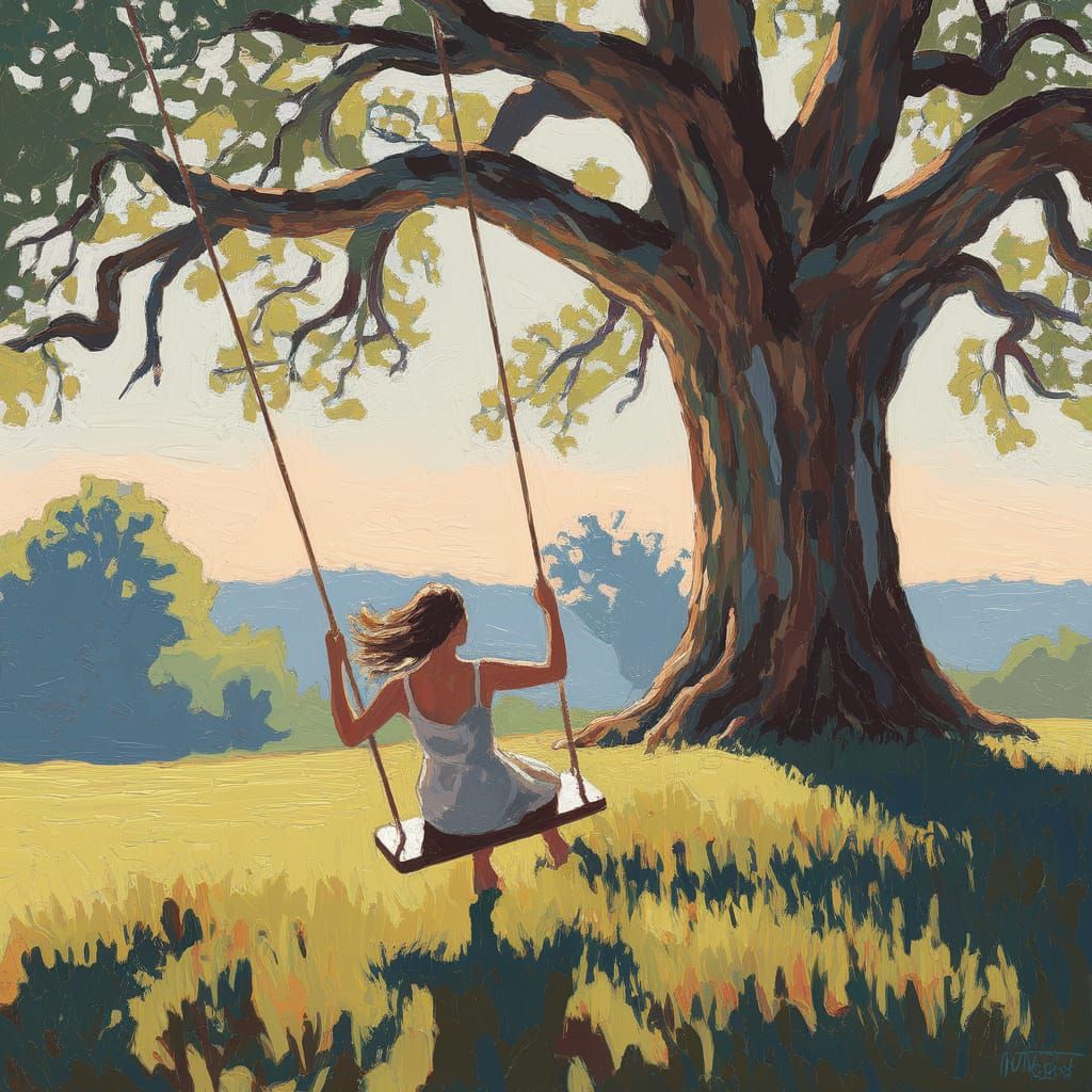 Woman on Swing, Impasto Painting Style