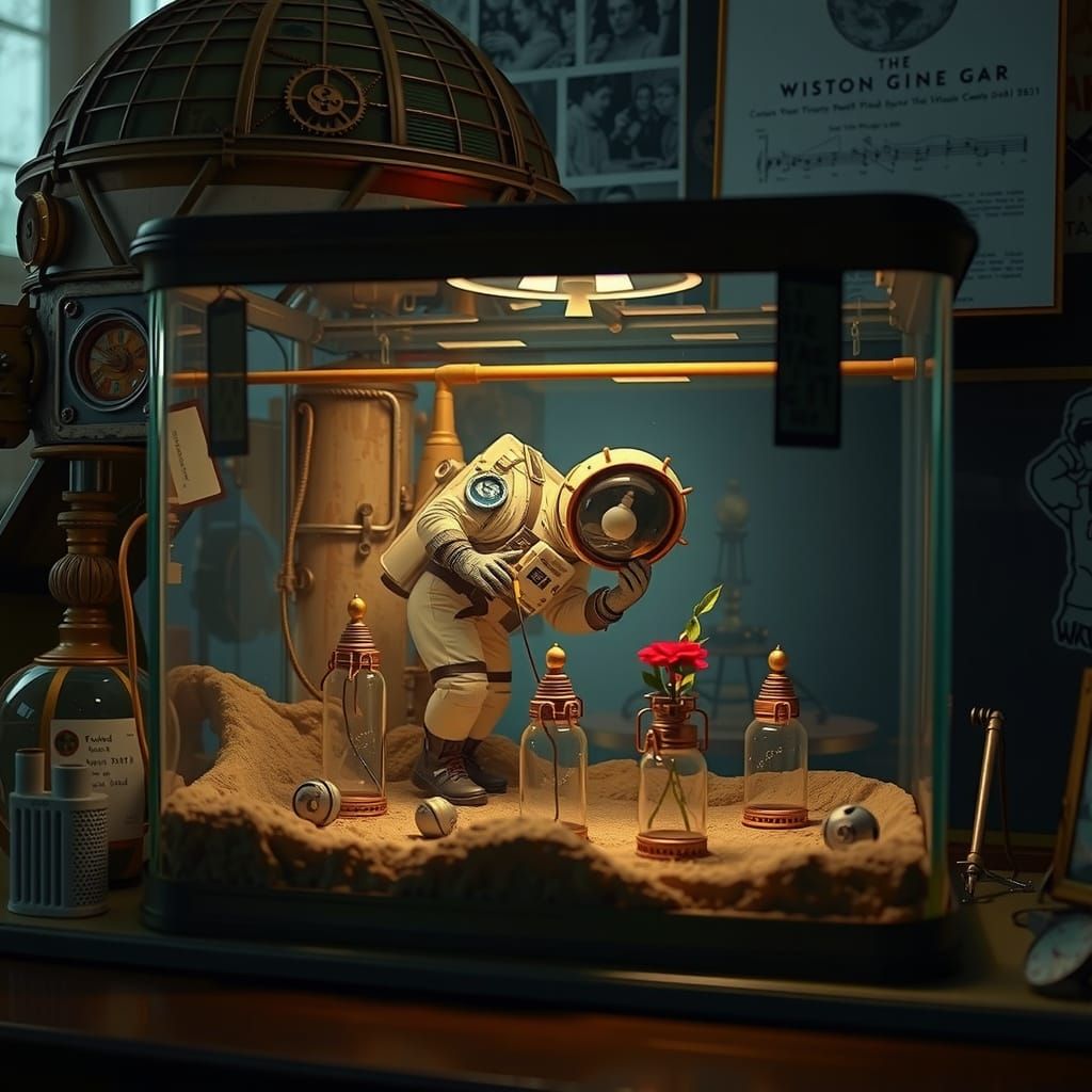 Steampunk Astronaut Places Flower in Bell Jar on Lunar Surfa...