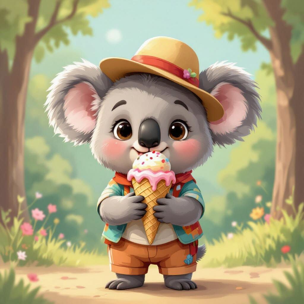 Koala Boy with Koala Ice Cream Cone in Whimsical Style