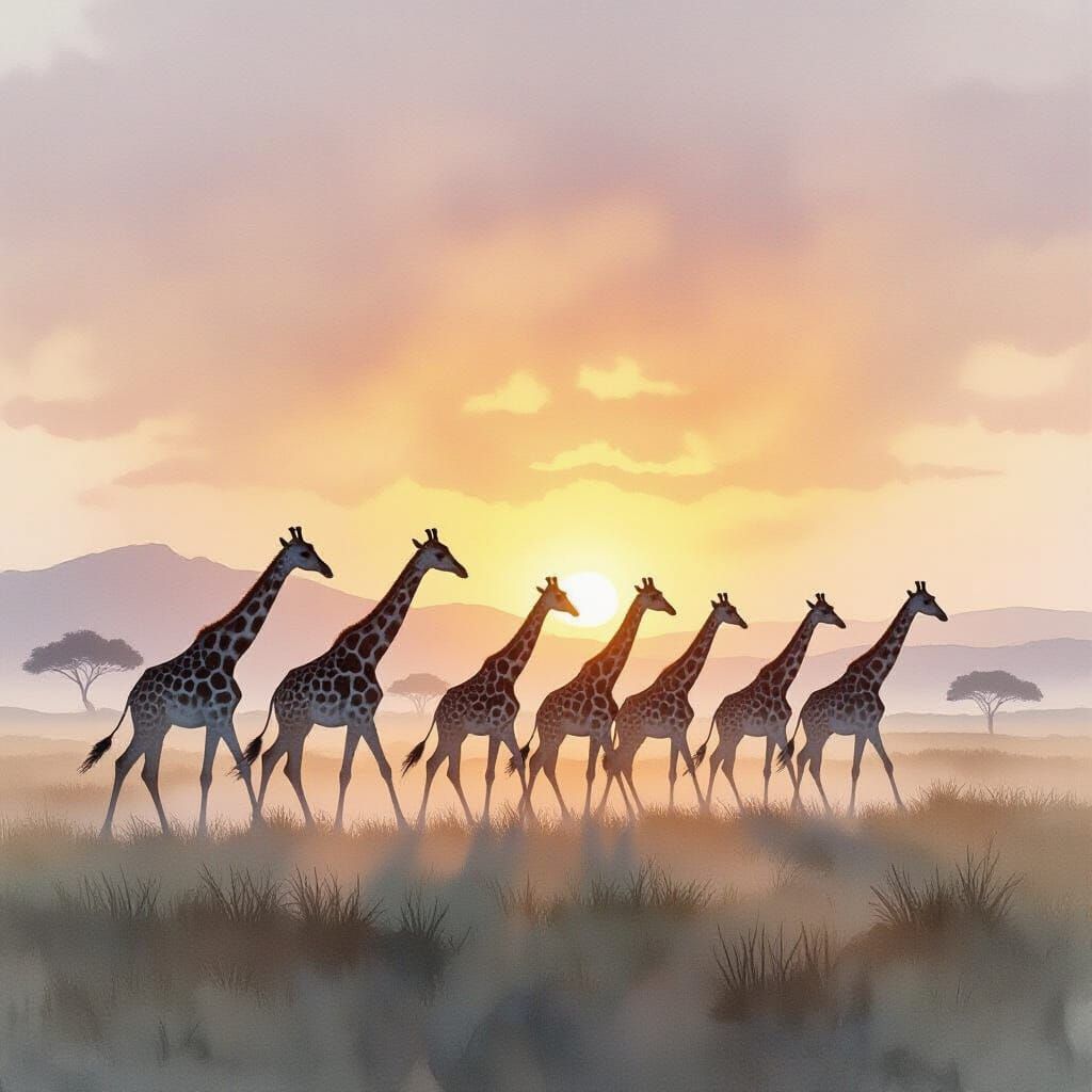 Giraffes on the African Plain: Watercolor Painting