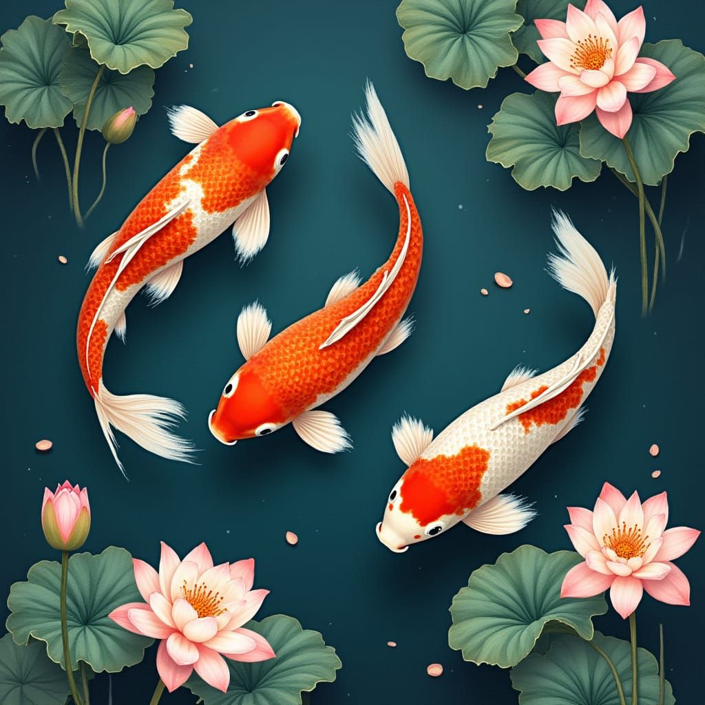 Koi Fish in Pond: Traditional Japanese Woodblock Print