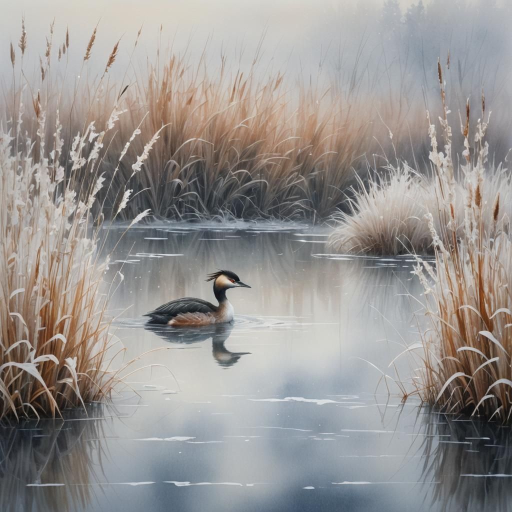 Great Crested Grebe on Frozen Lake: Watercolor Landscape