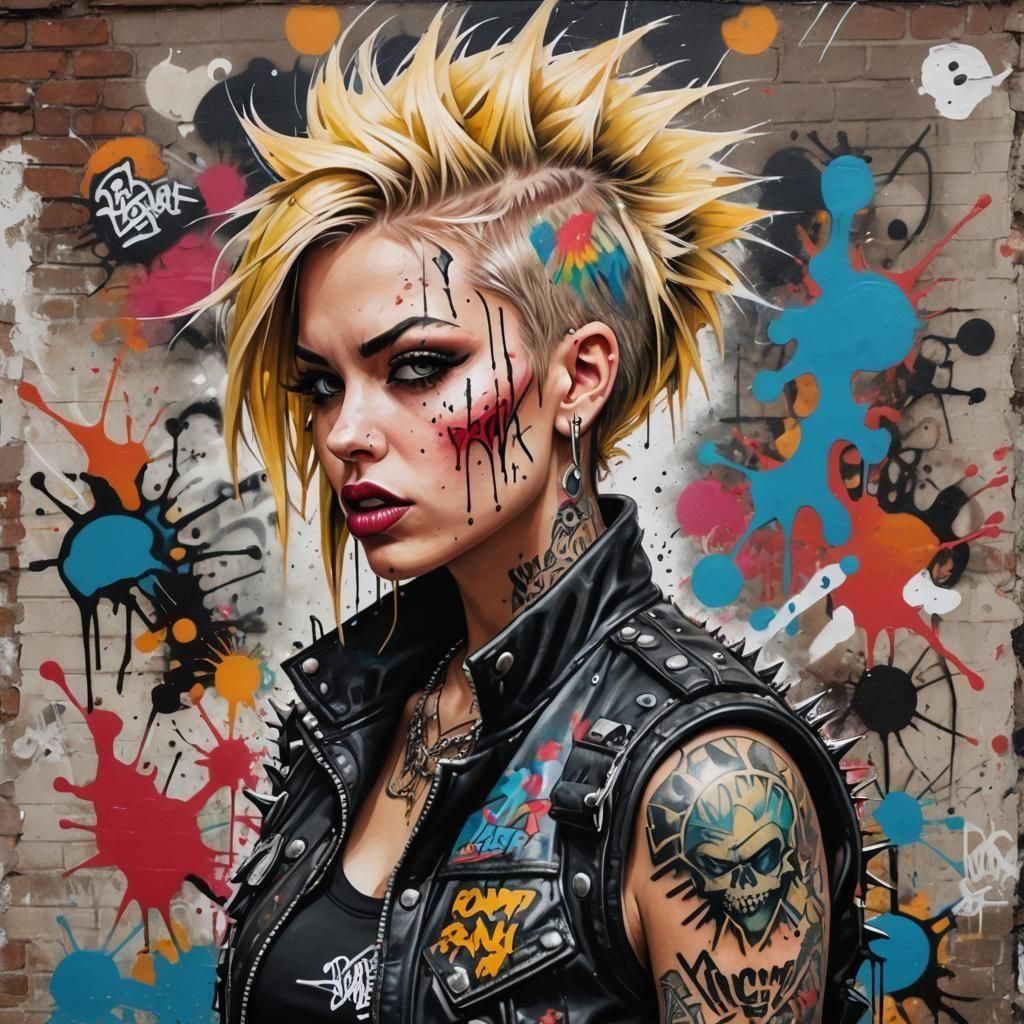 Punk Girl with Tattoo in Graffiti Street Art Style