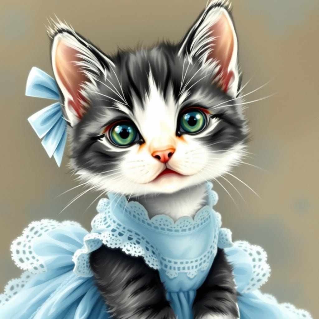 Whimsical Black and White Kitten in a Delicate Blue Dress