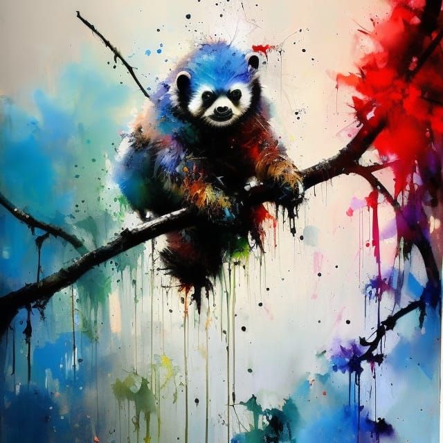 Colorful Sloth on Branch in Splash Art Style
