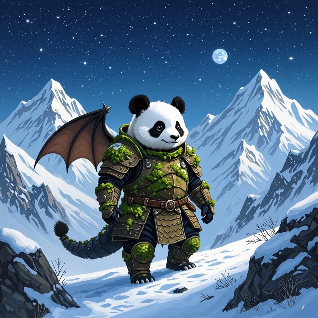 Dragon Panda in Moss Armor Under Starry Skies