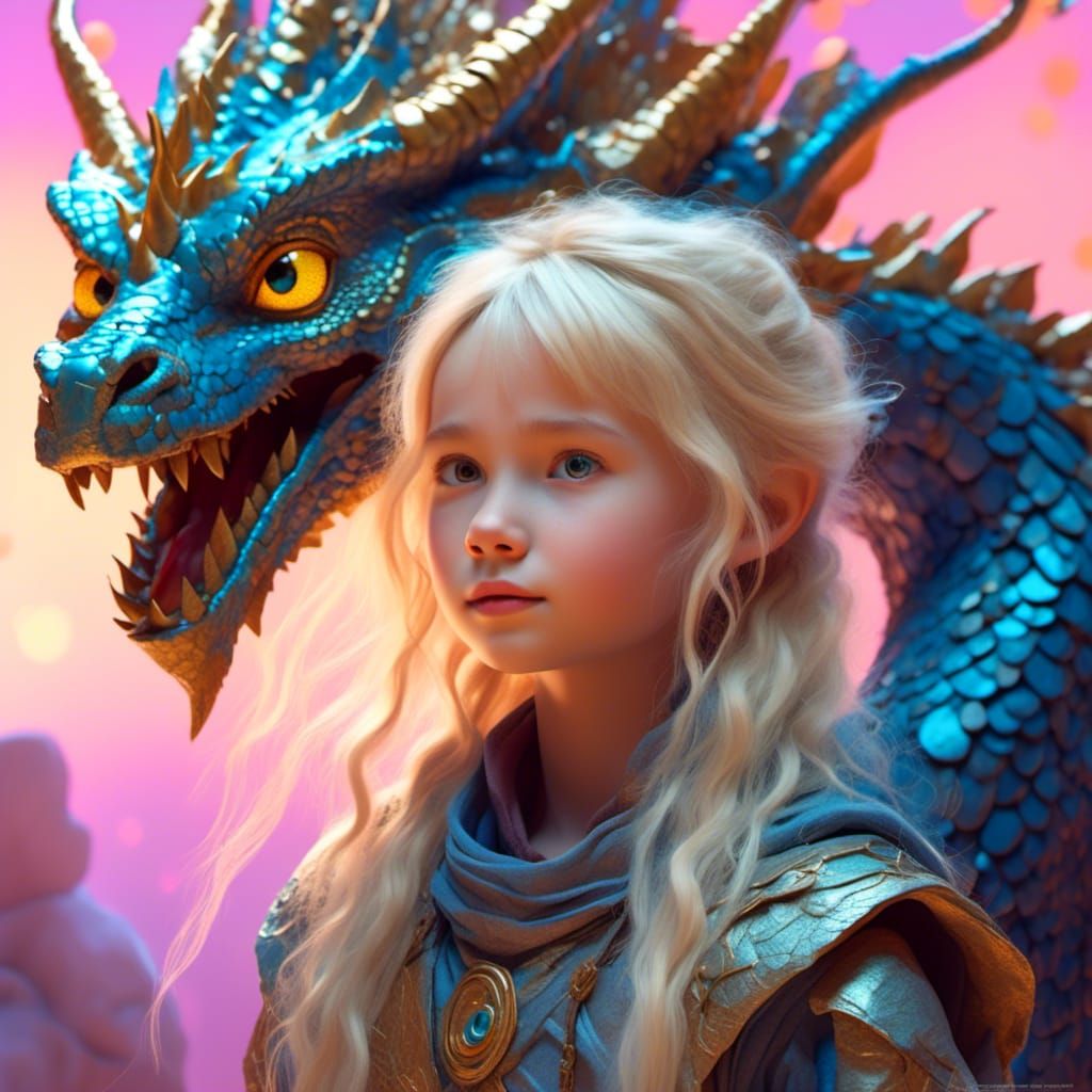Cute Girl and Moon Dragon in Sci-Fi Fantasy