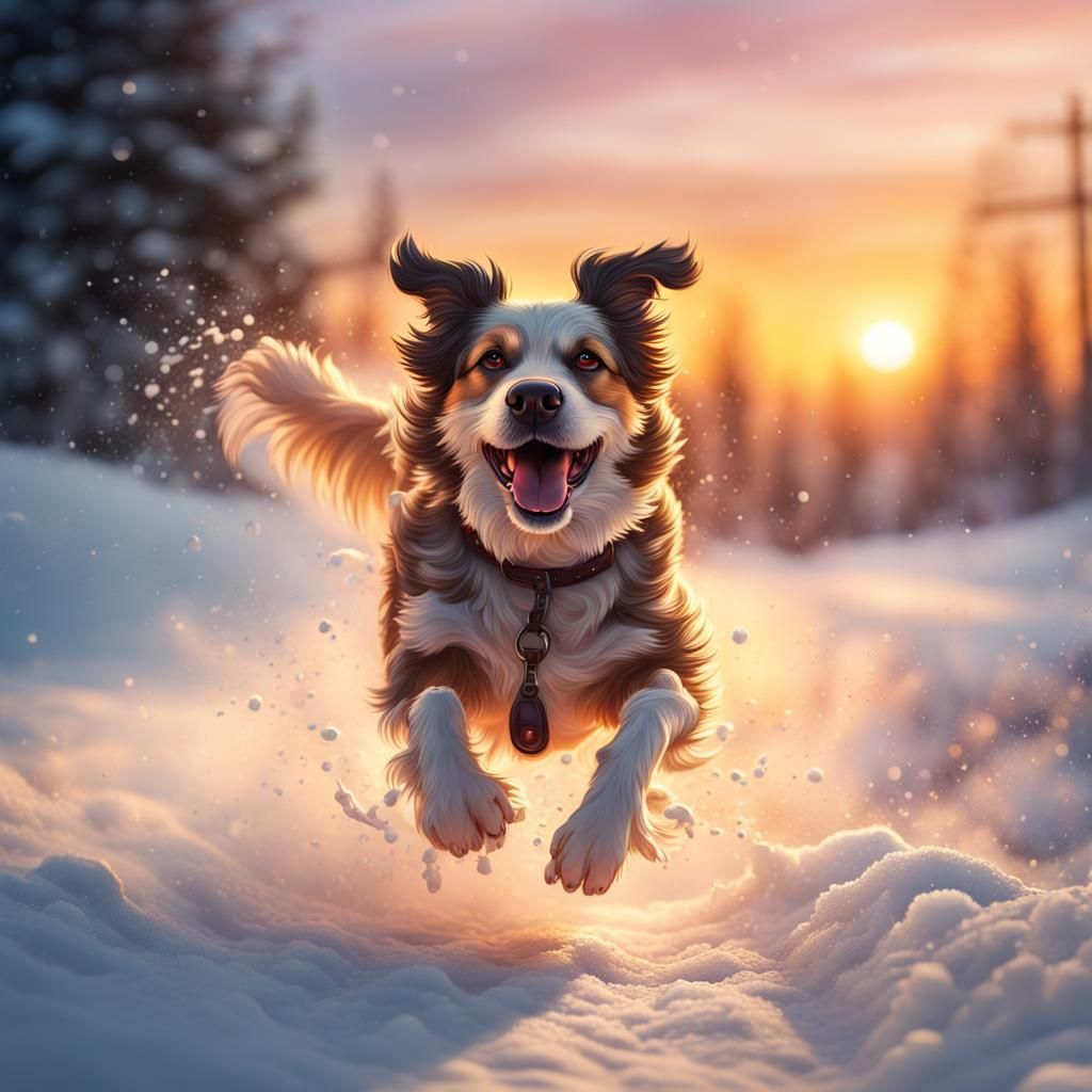 Happy Dog Running in Sunset Snow: Hyperrealistic Art