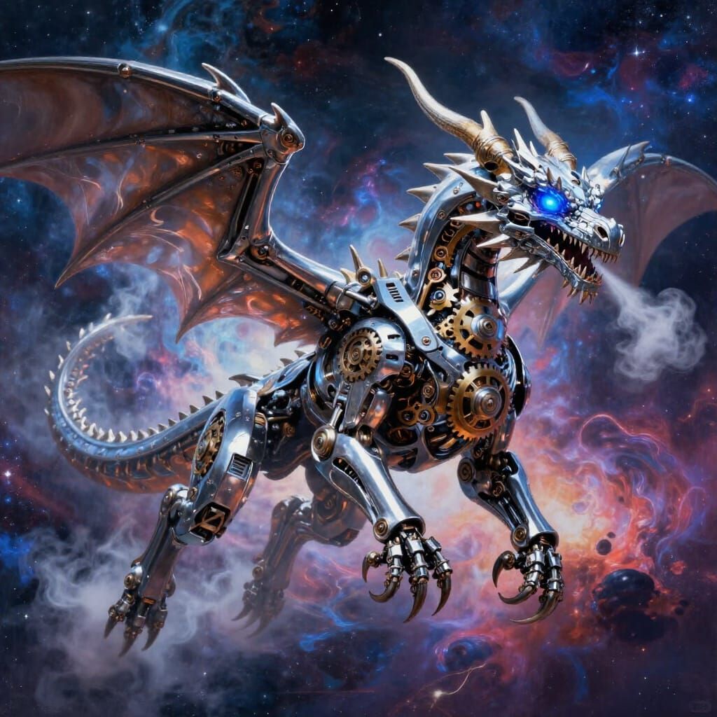 Mechanical Dragon Soars Through Cosmic Nebula in Digital Art...