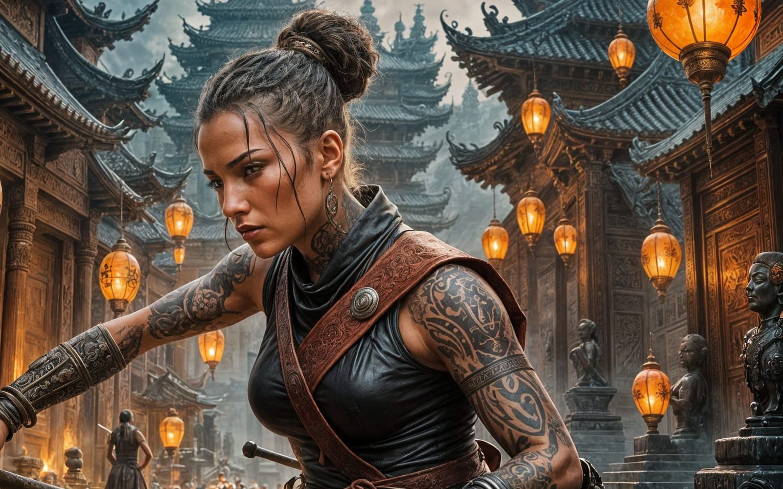 Hyperrealistic Tattooed Warrior Monk Training at Temple