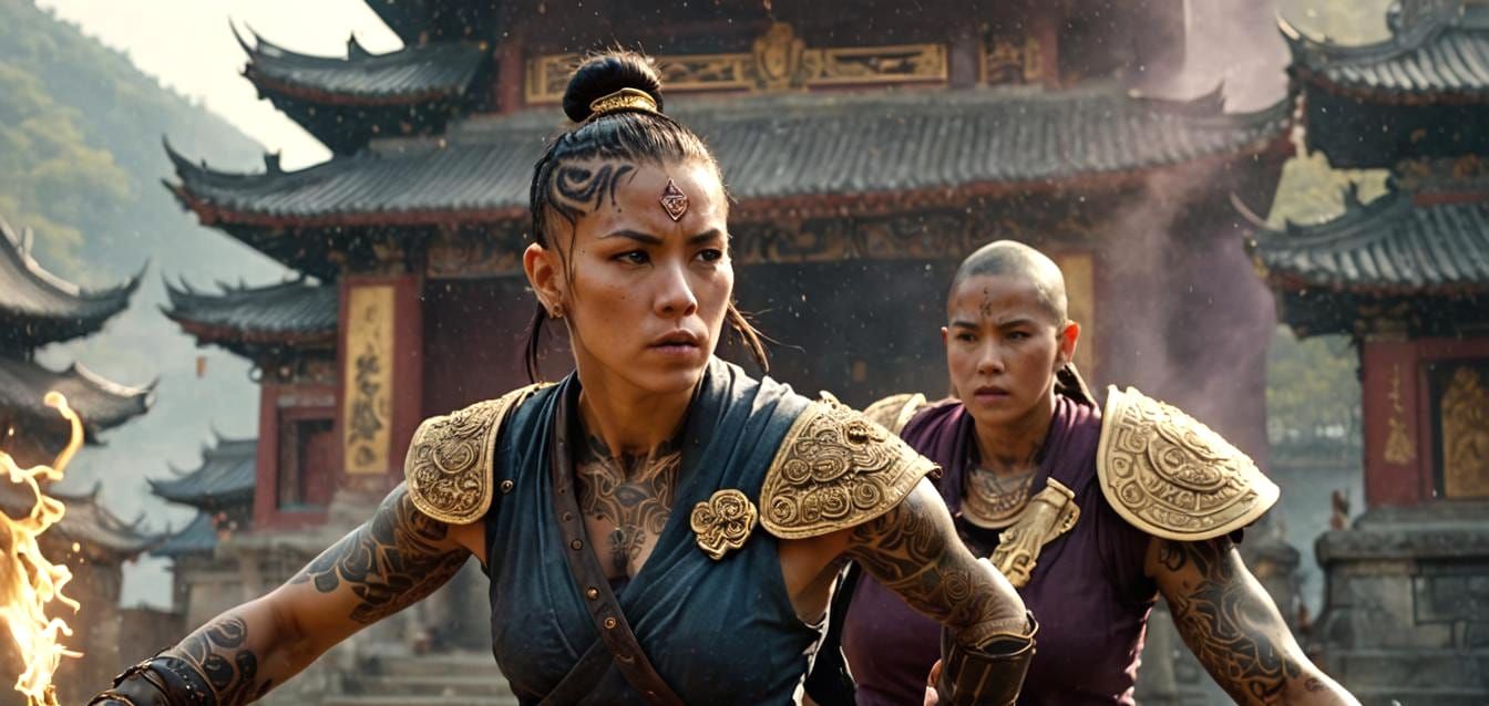 Tattooed Warrior-Monk Training Outside Temple in HDR