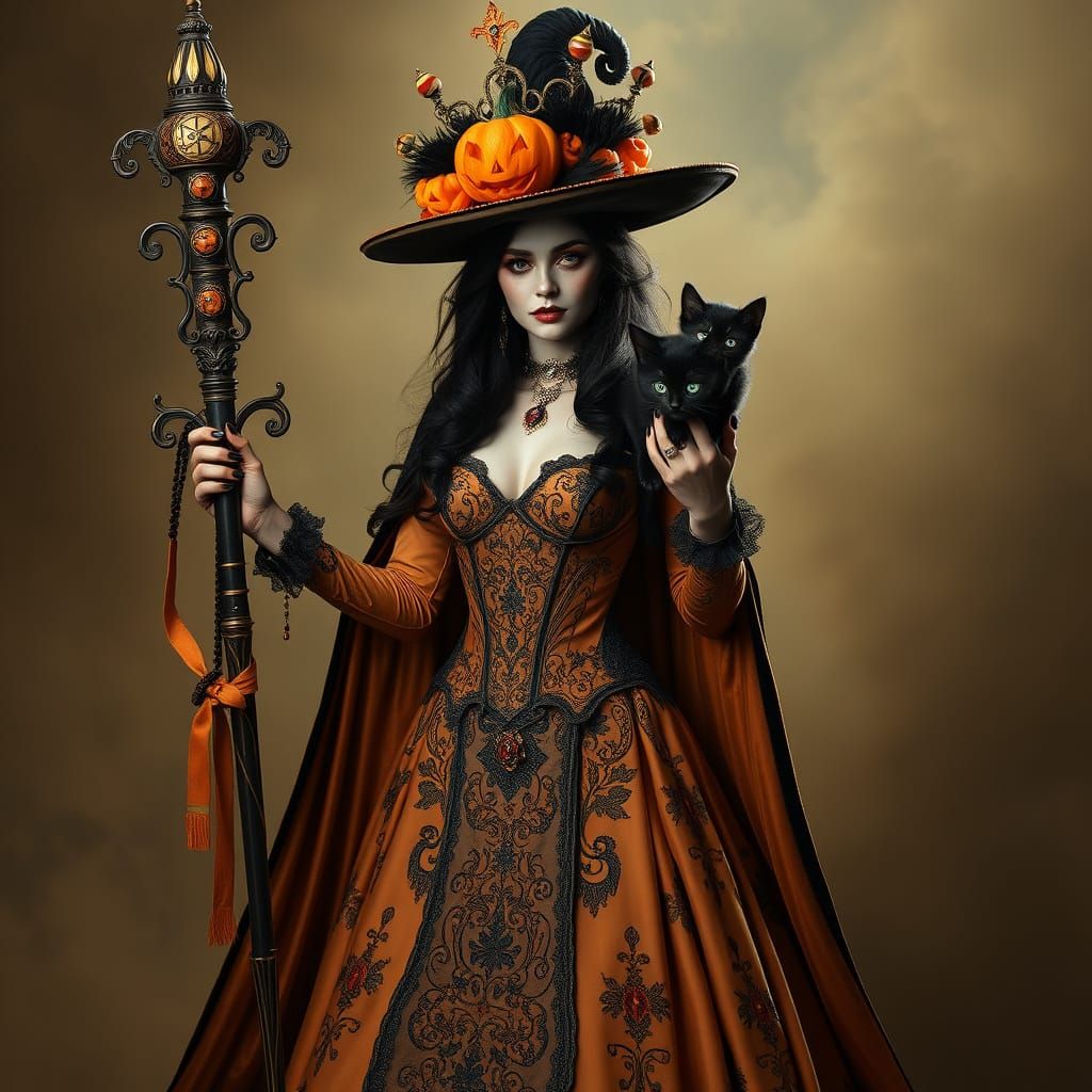Gothic Romanian Witch in Elegant Pumpkin and Ghost Gown with...
