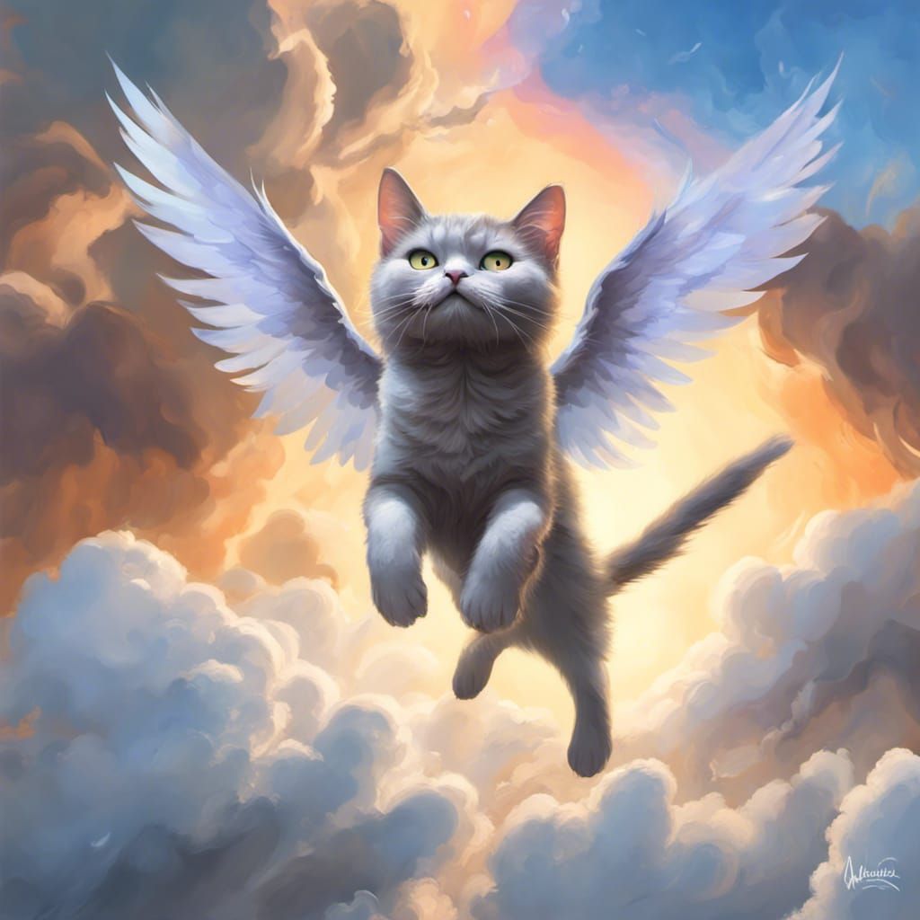 Winged Cat Ascending to Heaven: Digital Art Portrait