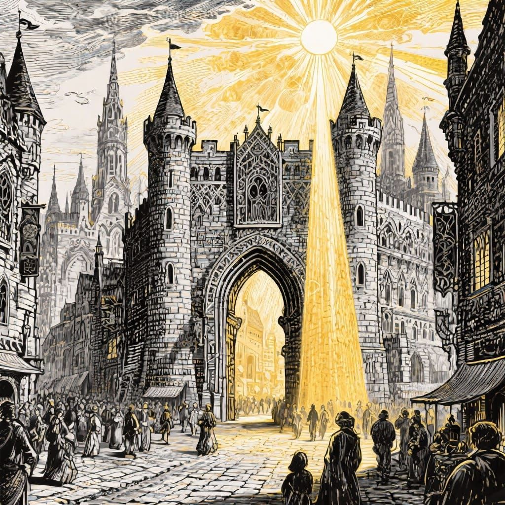 Medieval Kingdom Line Drawing with Golden Light