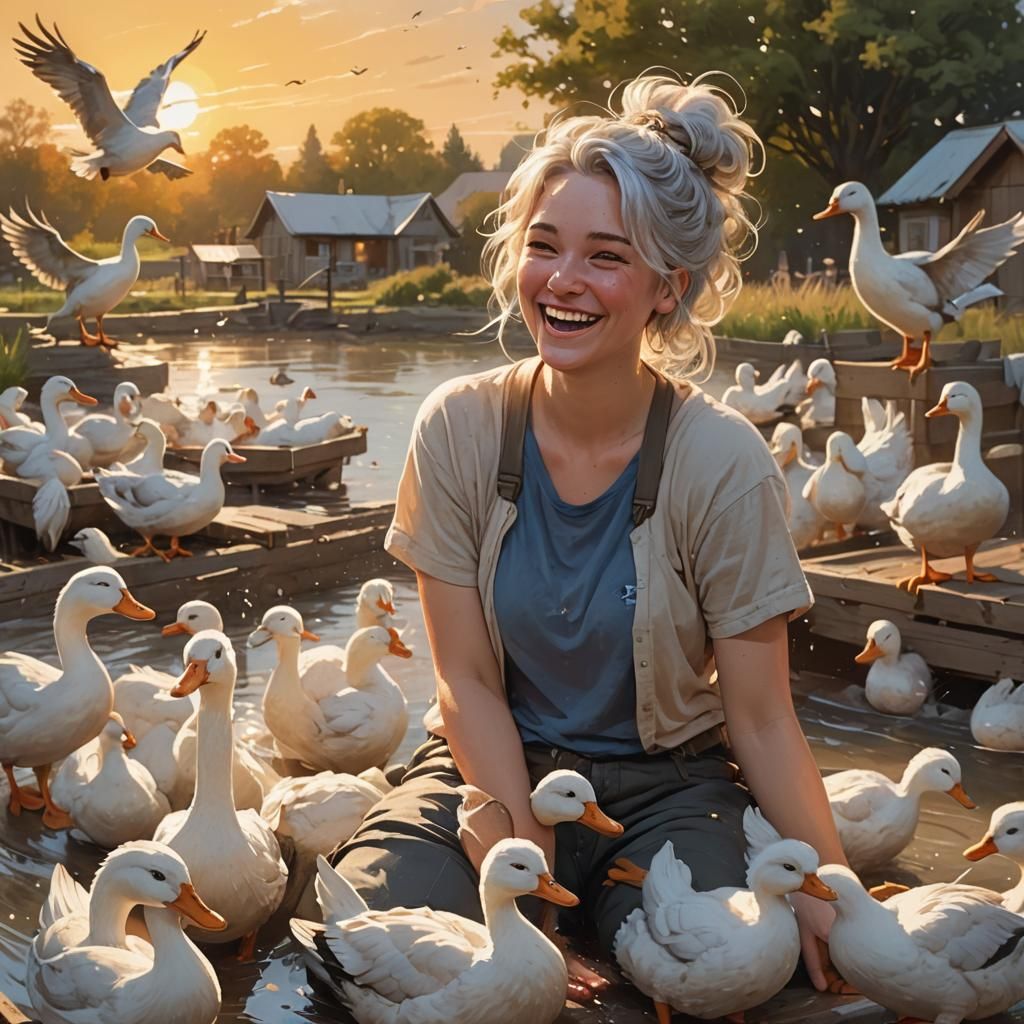 Dreamy Portrait with Ducks in Golden Sunset Lighting