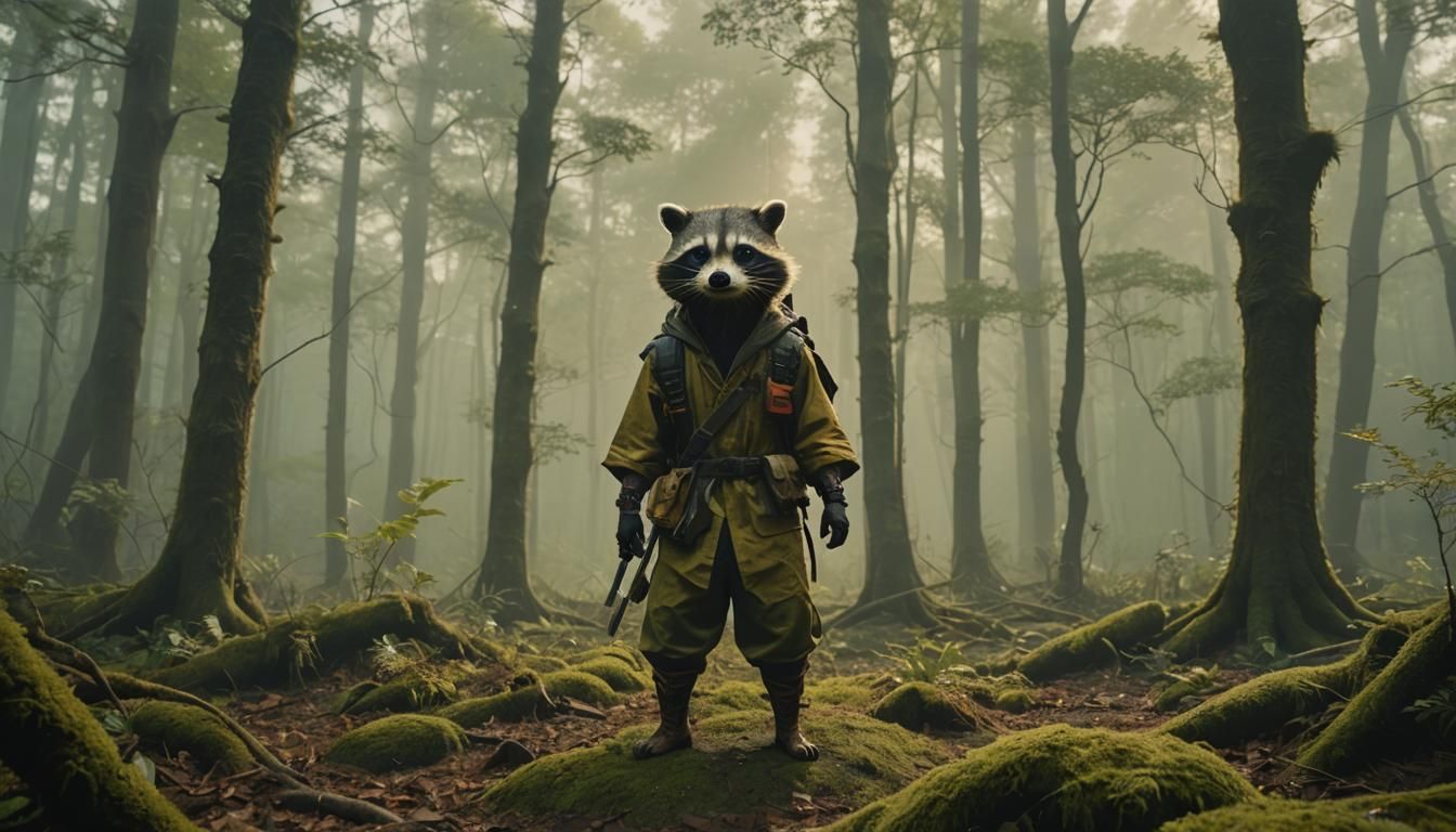 Ninja Raccoon in Misty Forest Scene