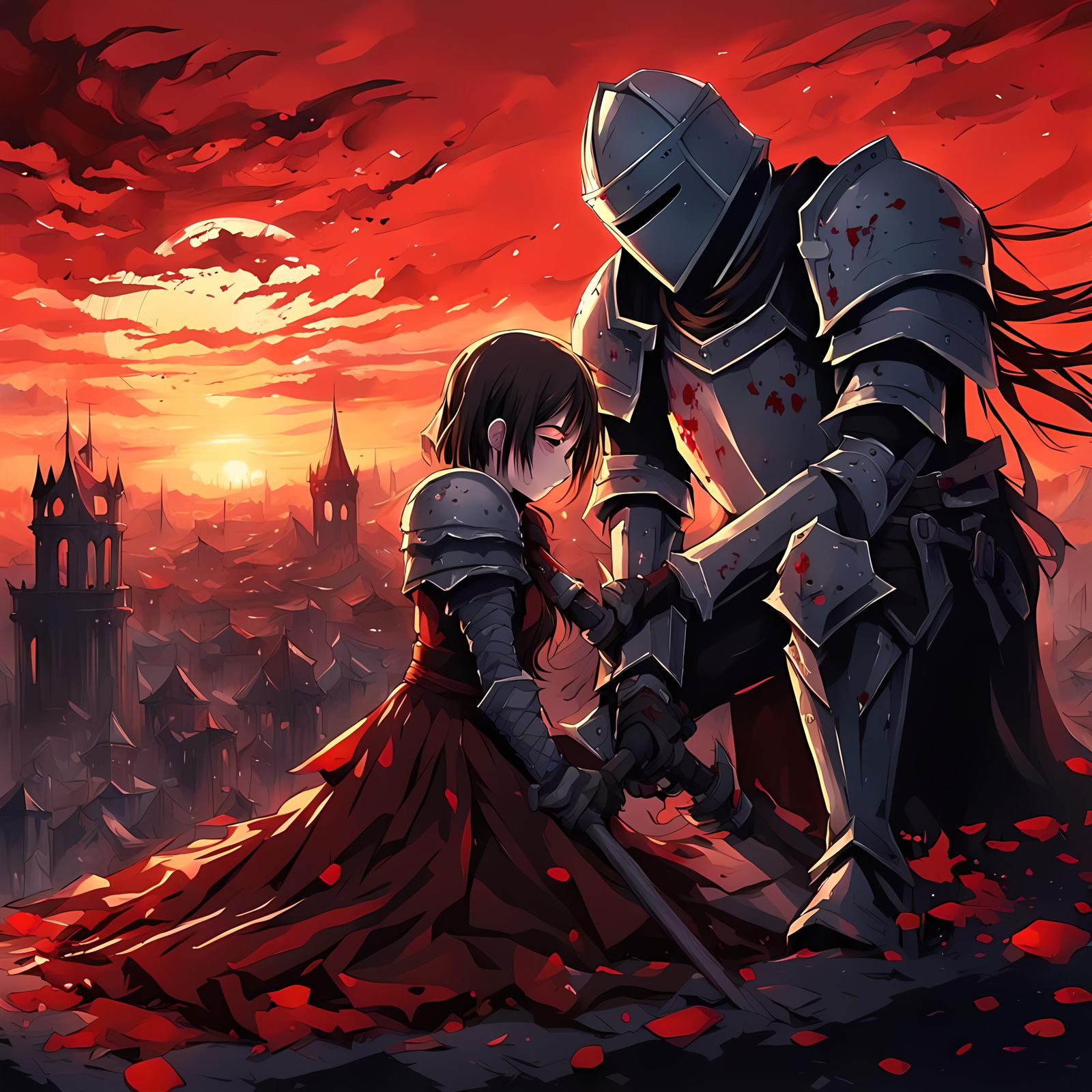 Anime Girl's Victory at Sunset