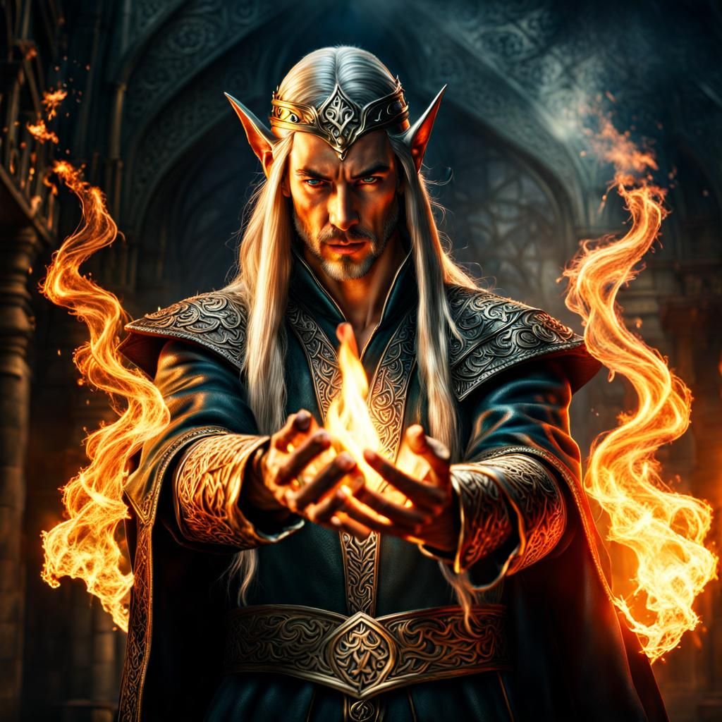 Elven Wizard Casting Burning Hands in HDR