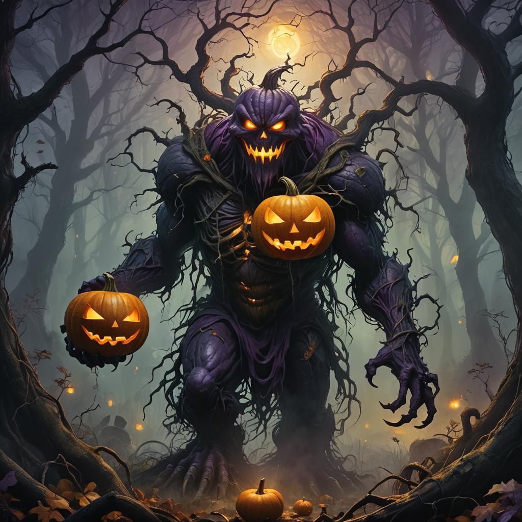 Pumpkin Monster in Mystical Forest, Dark Fantasy Art