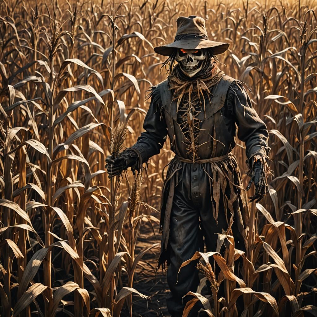 Menacing Scarecrow in Van Gogh Style Cornfield