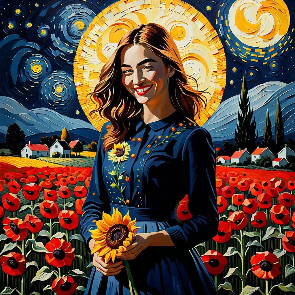 Girl with Sunflowers in Starry Poppy Field