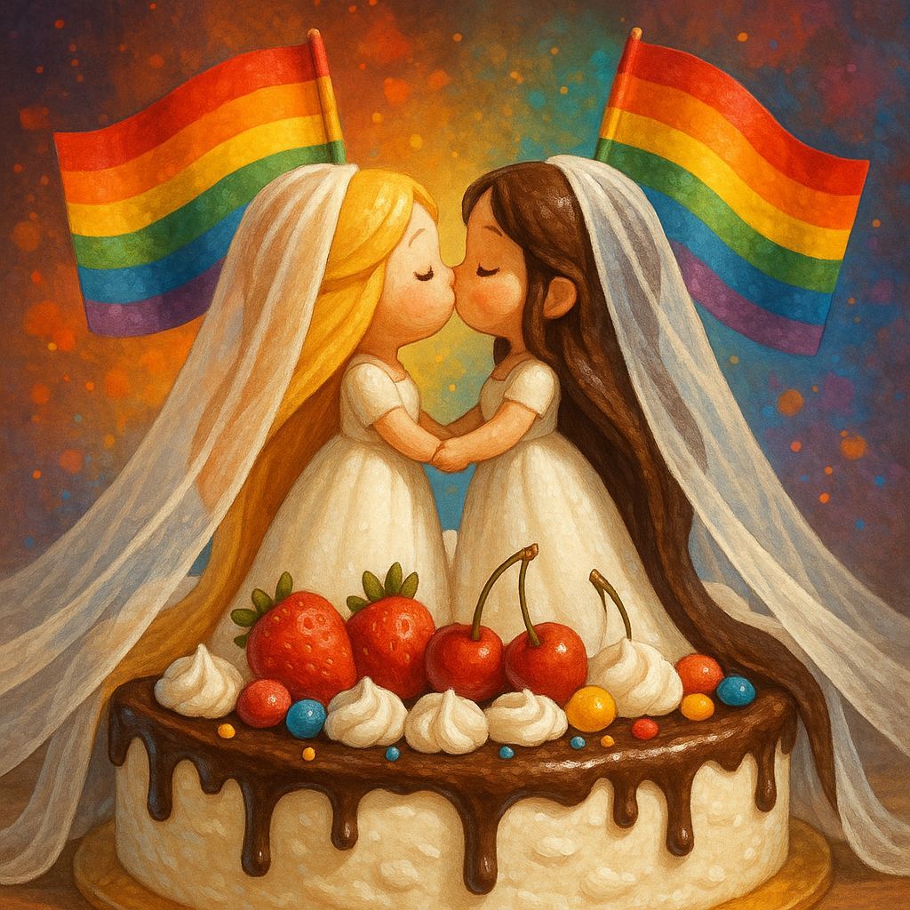 Pastry Bride Figurines Kissing on Wedding Cake in Hyperreali...