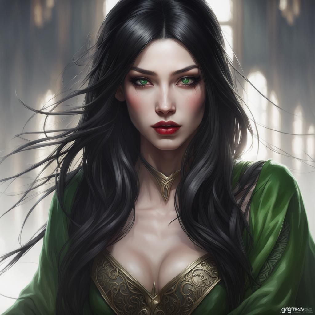 Gothic Asian Portrait with Green Eyes in Digital Art