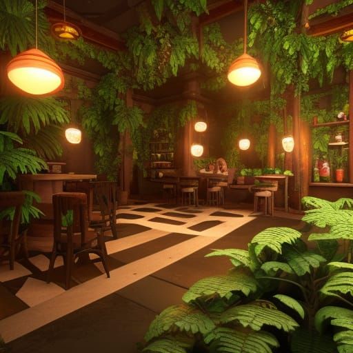 Cozy Coffee Shop in Lush Jungle, 3D Render