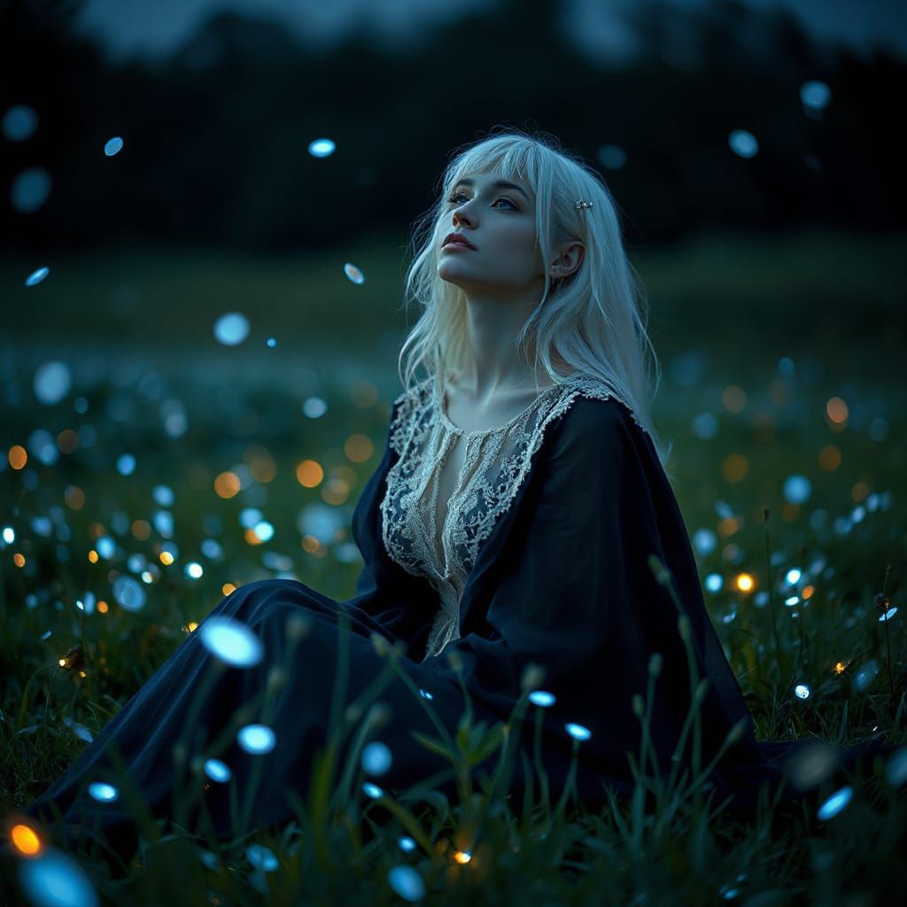 Ethereal Woman in Dreamy Nighttime Meadow