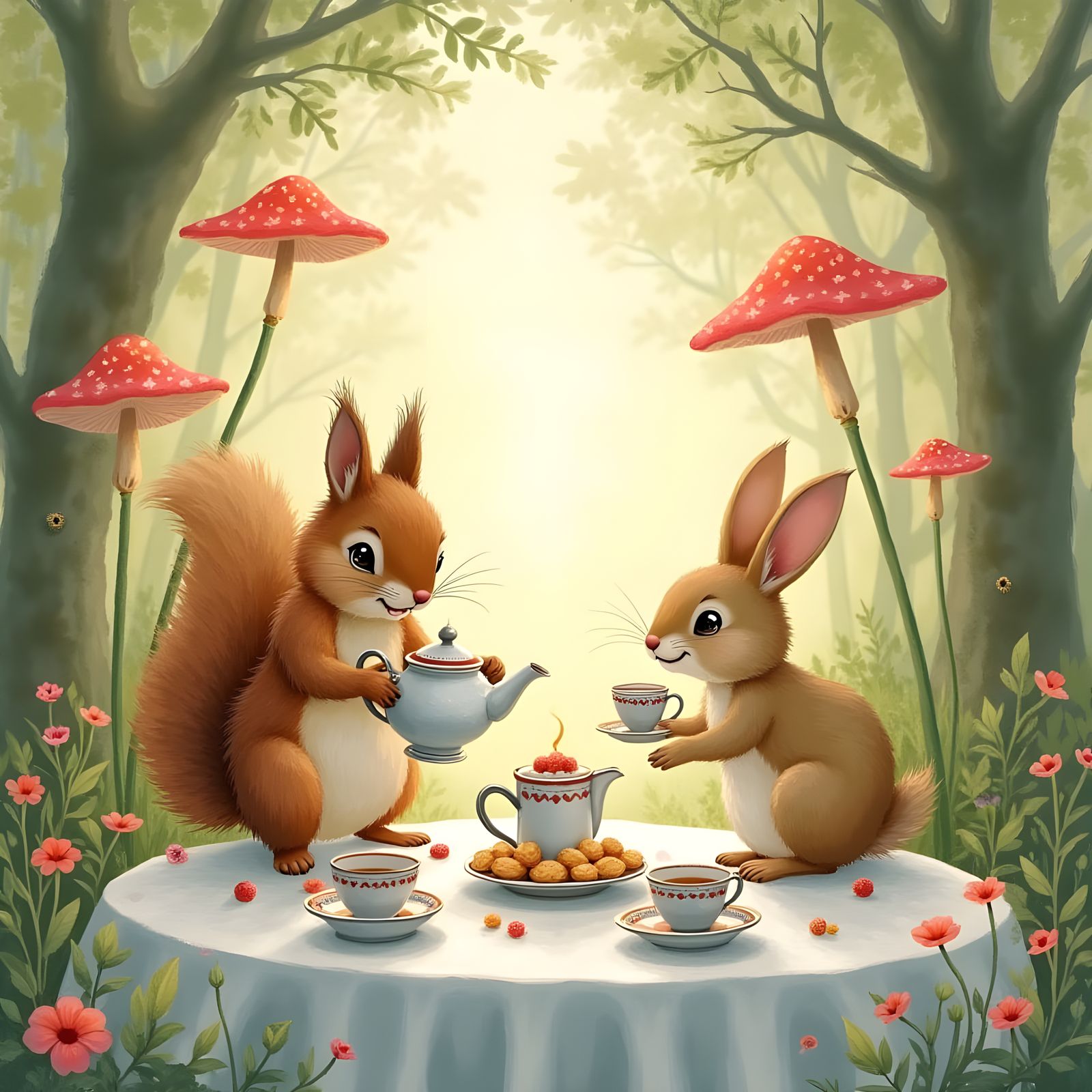Whimsical Woodland Tea Party in Watercolor Style