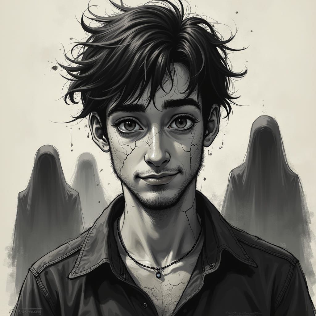 Shattered Portrait of a Young Man in Dark Ink