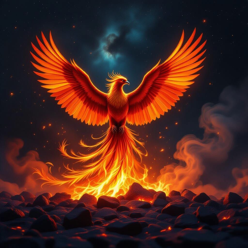 Majestic Phoenix Rises From Embers in Fiery Nebula