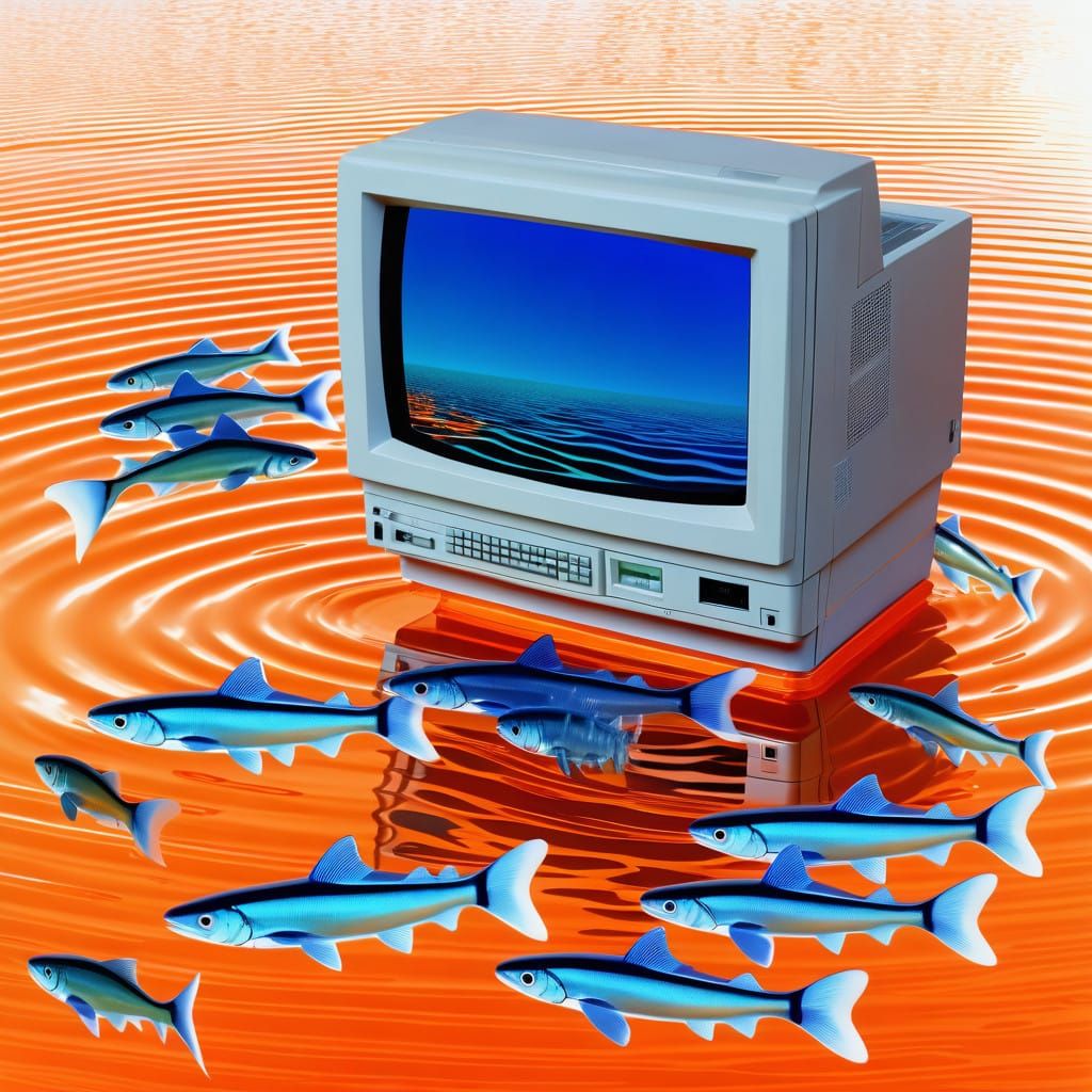 Nostalgic 90s Windows 95 Scene with Digital Water and Fish