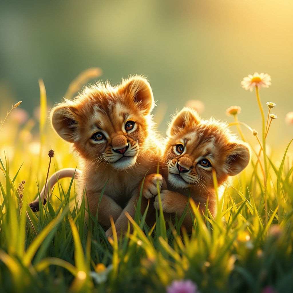 Lion Cubs Play in Golden Meadow