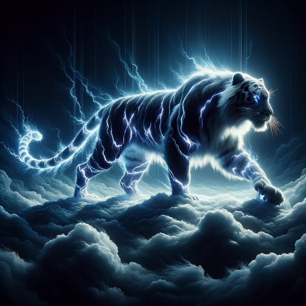 Majestic Tiger Aglow with Spectral Blue Lightning Above Clou...