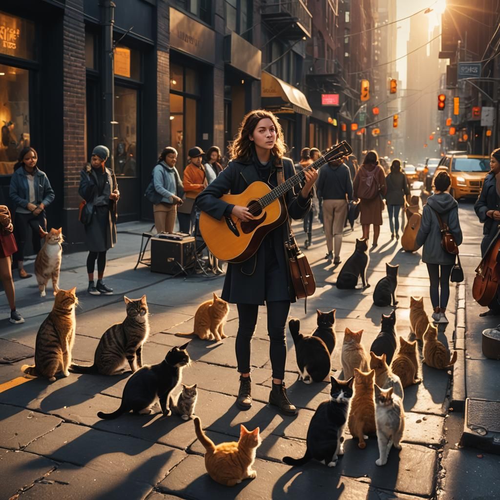 Woman Busking for Cats in New York: Matte Painting