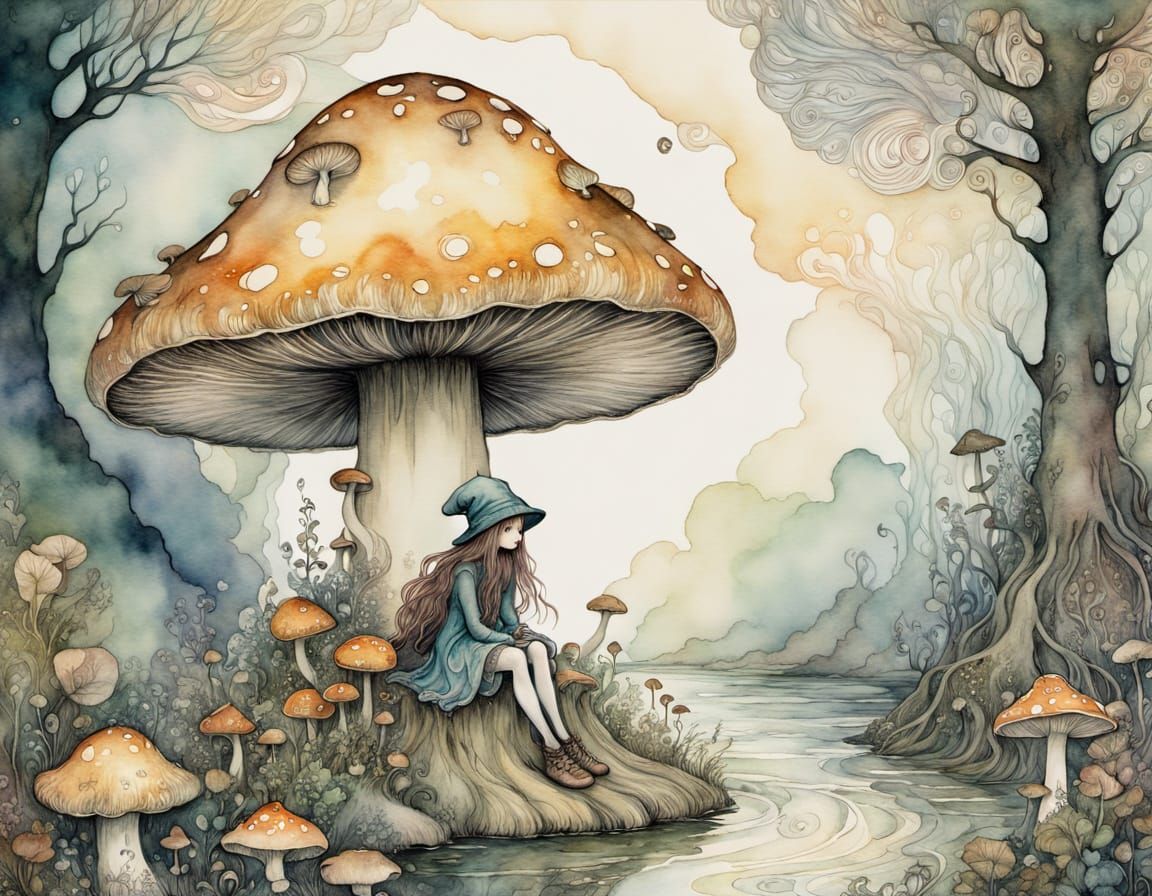 Enchanting Mushroom Figure in Watercolor Style