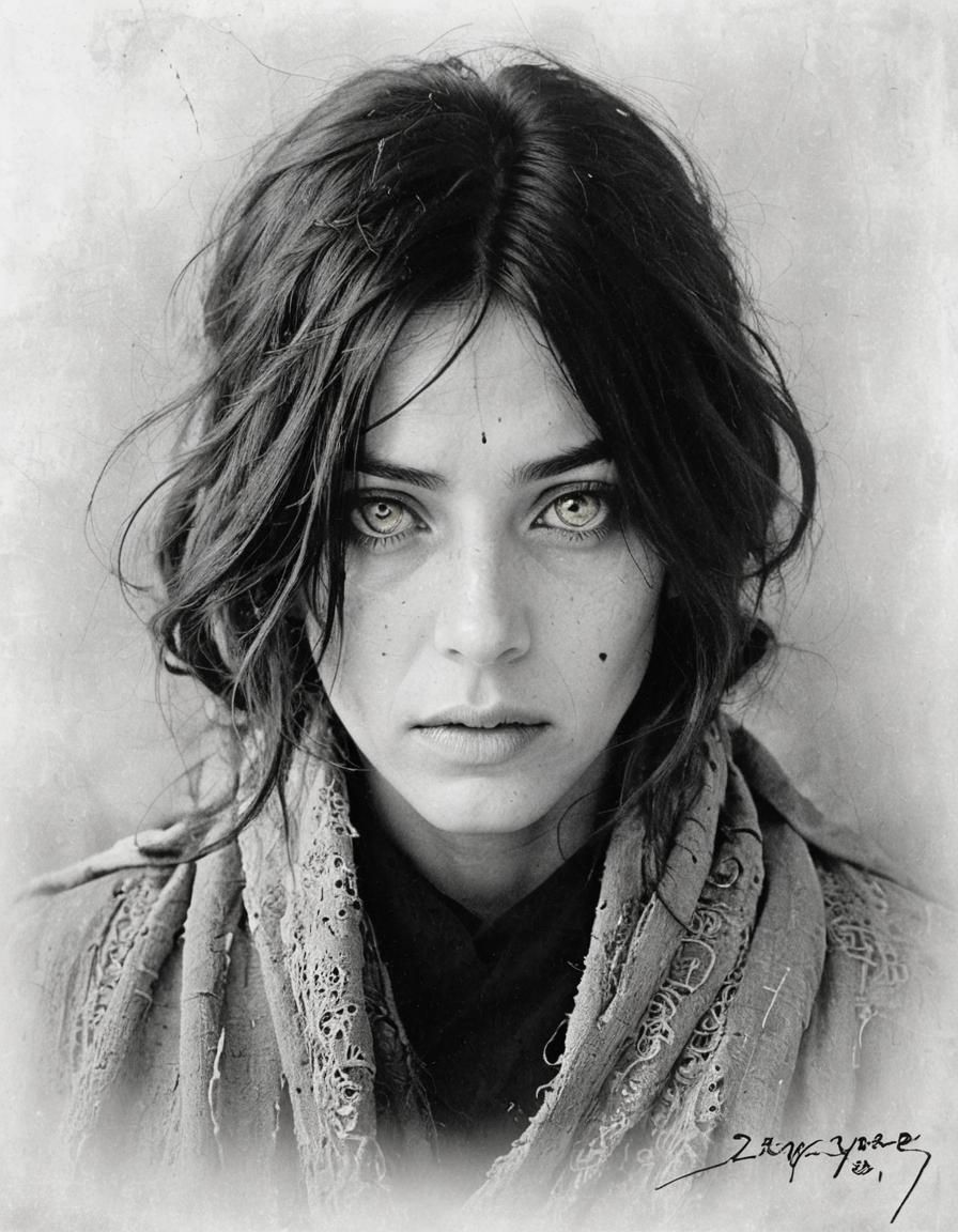 Mysterious Woman in Ancient Fabric, Monochromatic Portrait