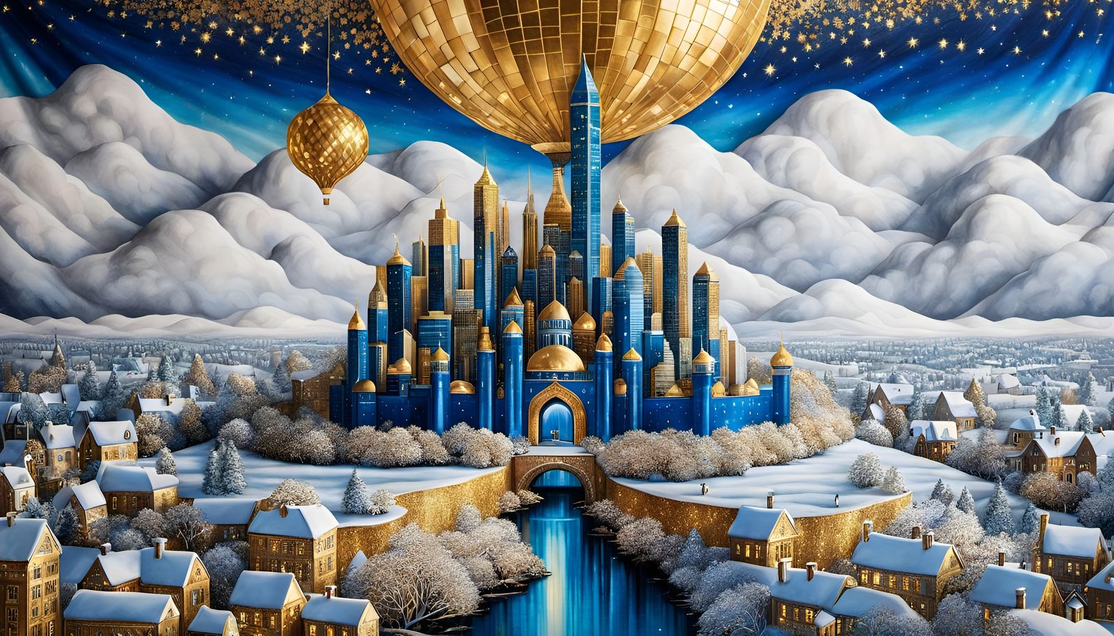 Gilded Utopian Cityscape in Gothic Disco Style