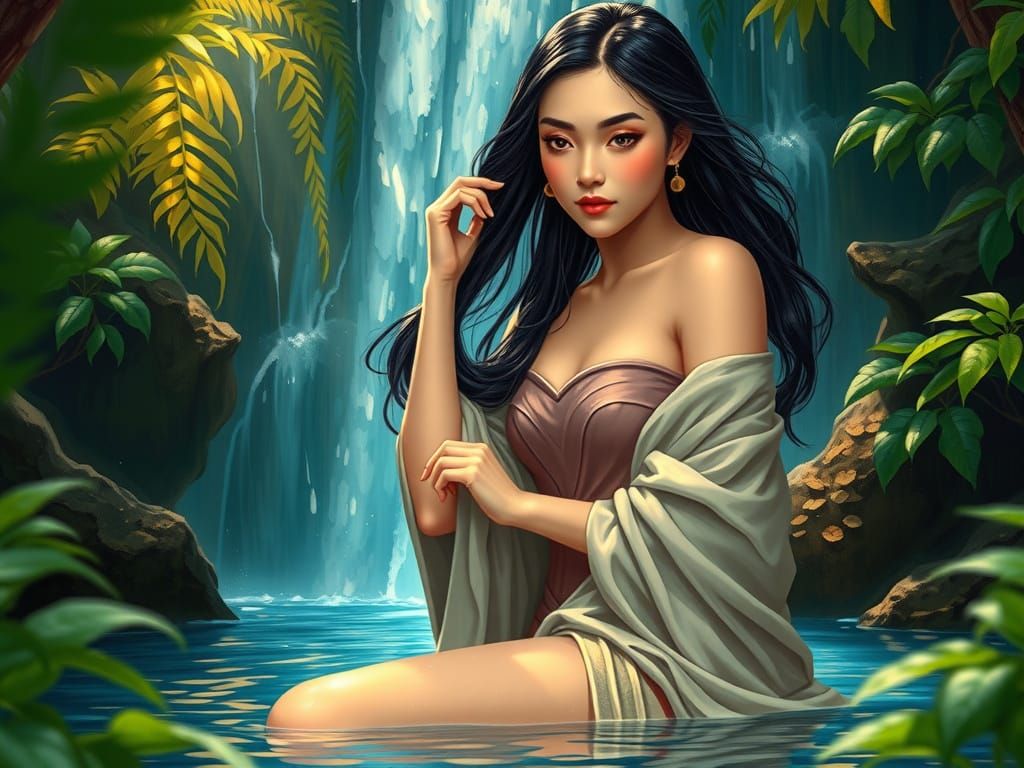 Noble Woman Enjoys Serene Bath beneath Enchanted Waterfall