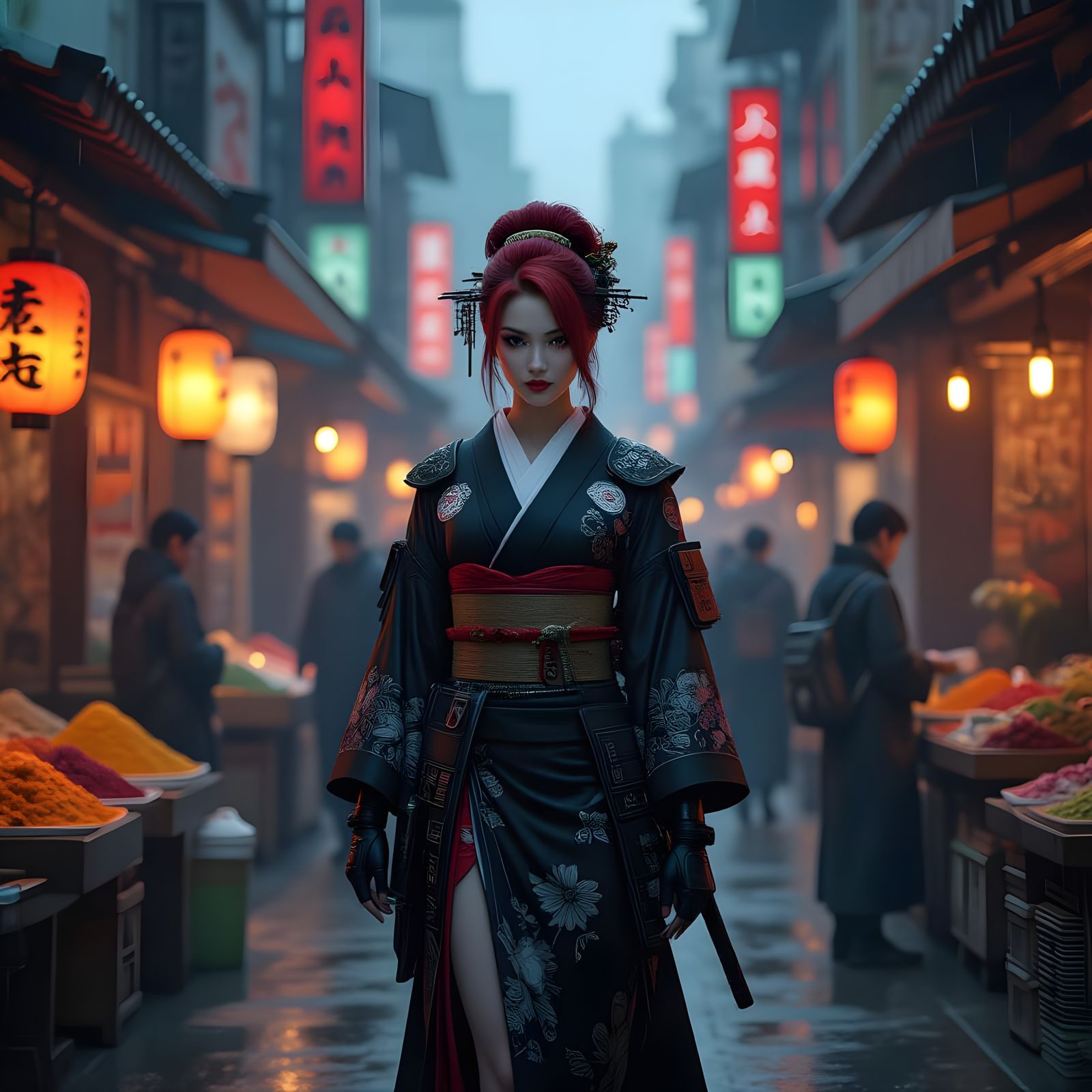 Cyberpunk Geisha in Futuristic Cityscape