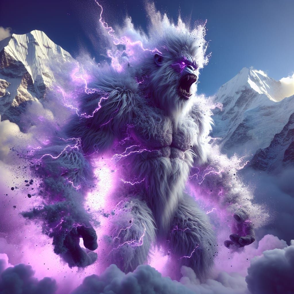 Hyperrealistic Yeti with Purple Vapor in the Himalayas