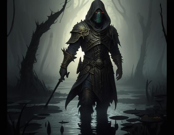 Bullywug Emerges from Swamp in Dark Fantasy Art