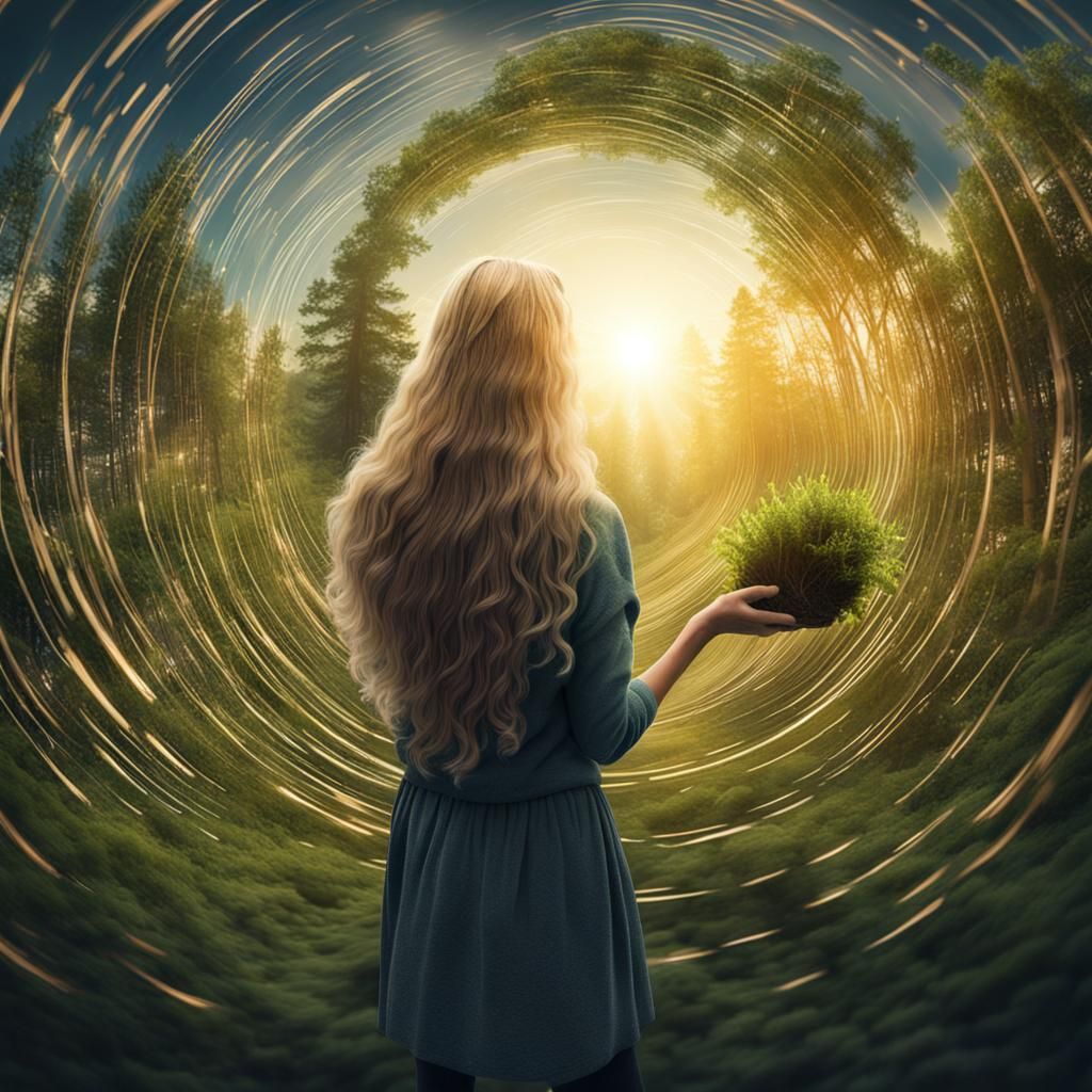 Woman Plants Sun in Warped Forest: Astrophotography