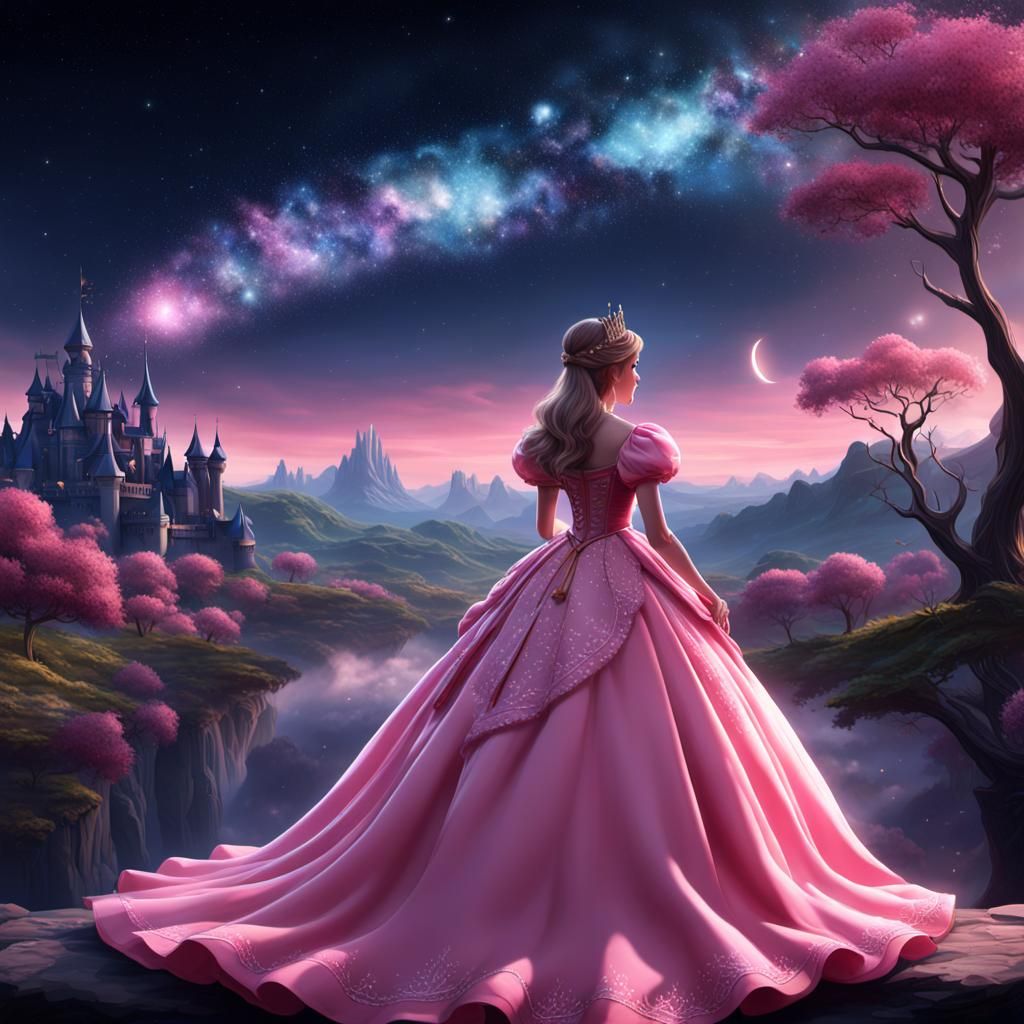 Princess in Pink Dress Under Night Sky