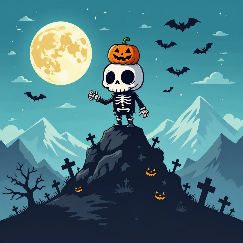 Halloween Jack Skellington on Mountain with Moon and Bats